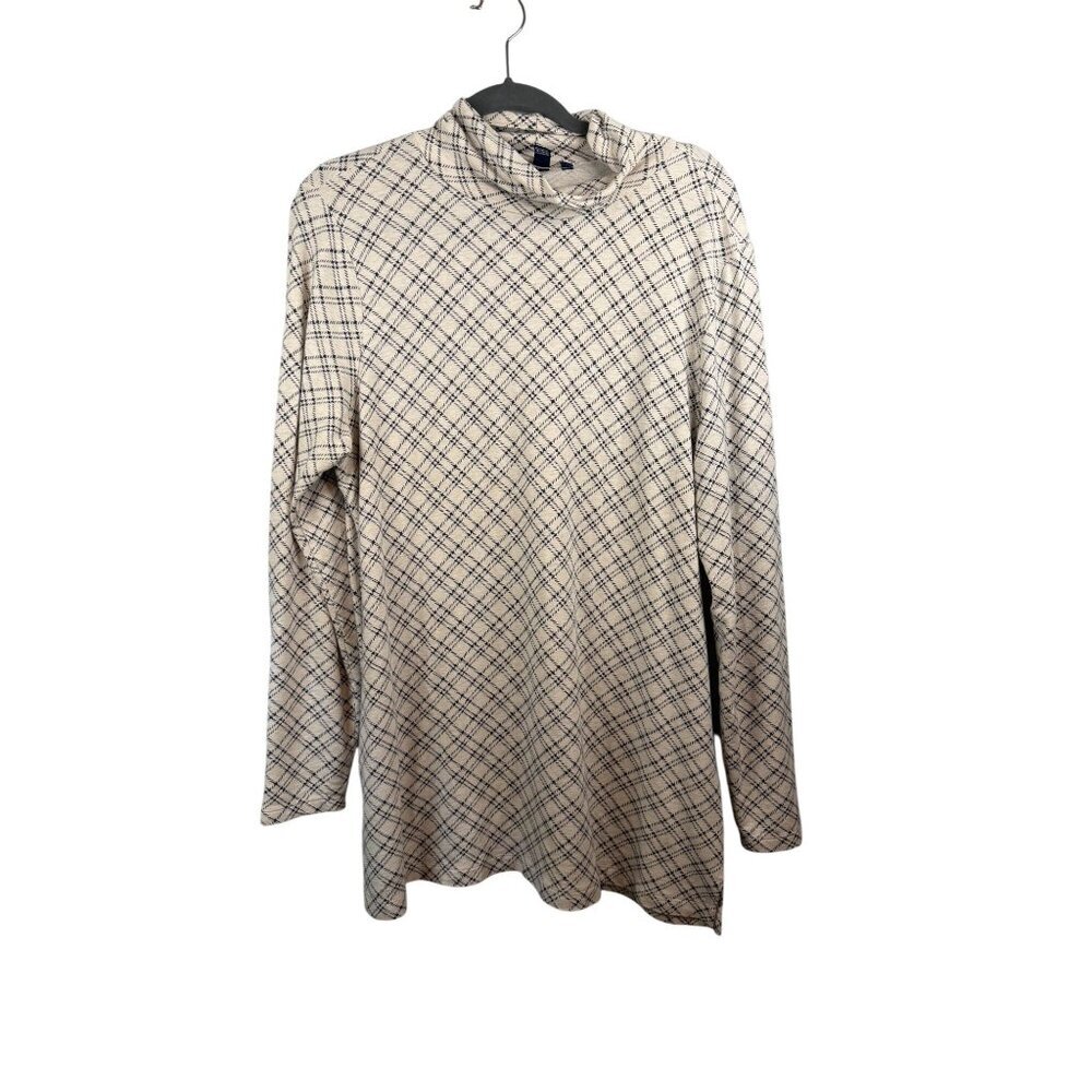 Lands End Womens Plaid Mock Neck Long Sleeve Shirt Size L 14-16 Beige & Navy